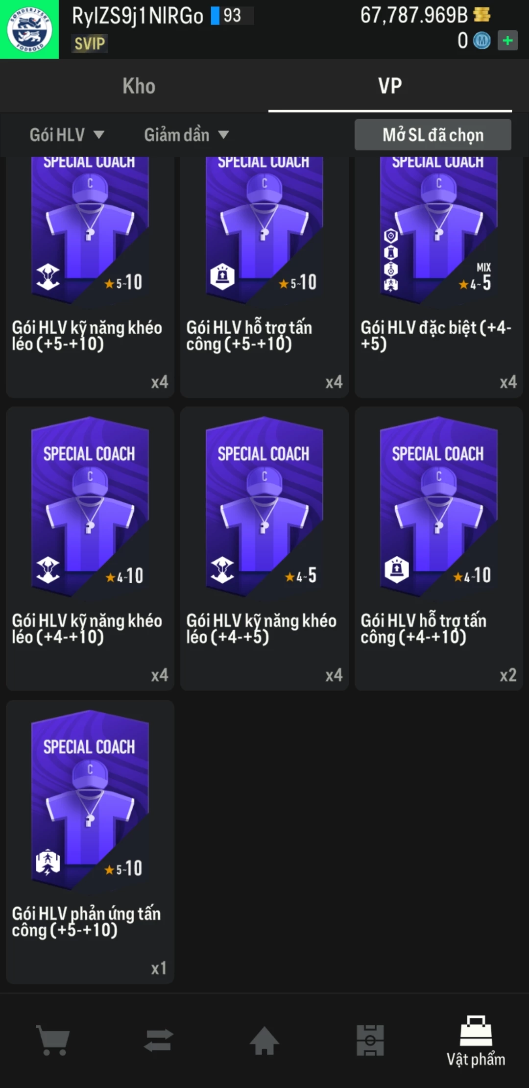 Ảnh ACC mở thẻ (LOẠI SVIP PROMAX) bao gồm 1 gói thẻ +12, thẻ PRIME và 1000+ thẻ cầu thủ từ Siêu sao đến Miền núi các loại. Có sẵn BP trắng trong acc từ 57.000 tỷ BP đến 67.000 tỷ BP, kèm theo nhiều ngày SVIP